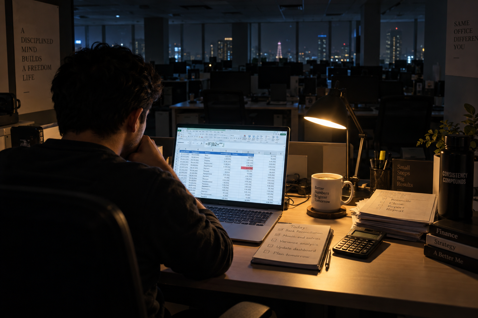A man alone at a desk late at night, laptop open to a reconciliation spreadsheet under a single desk lamp, a to-do list and a stack of binders beside him