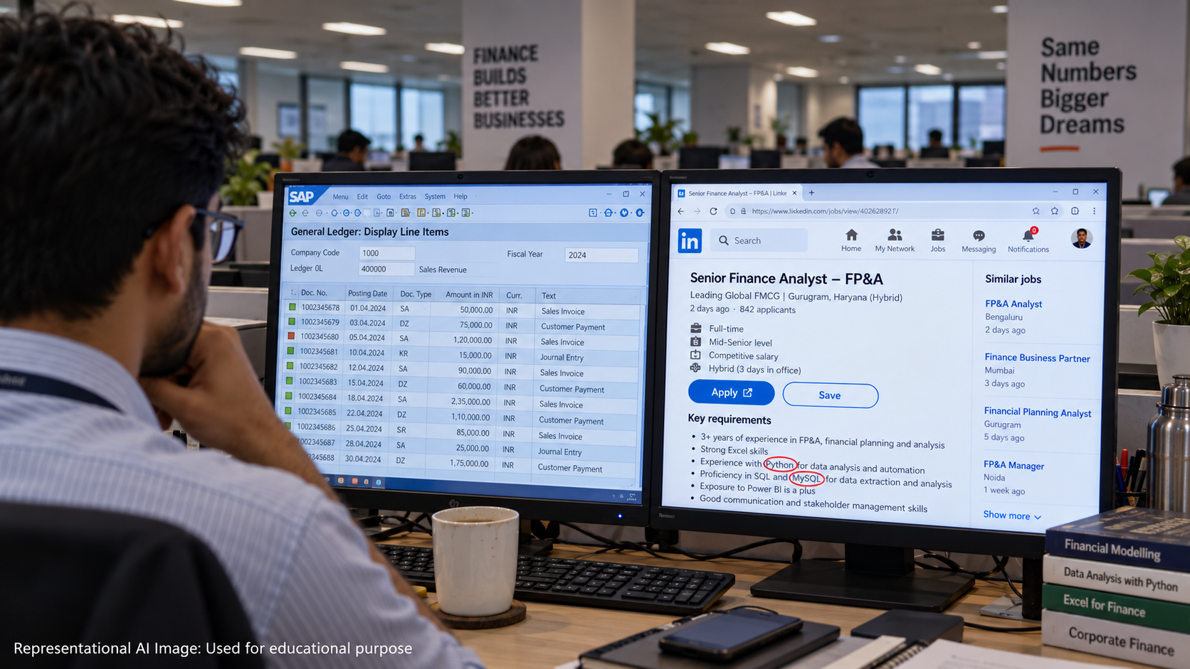 A finance employee at a desk comparing an SAP general ledger screen against a LinkedIn job posting with Python and MySQL circled in the requirements
