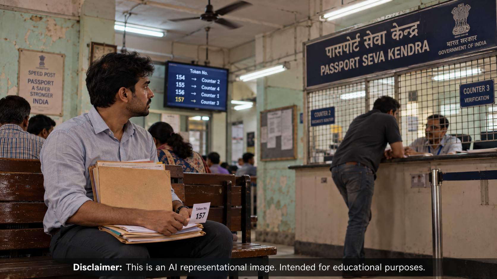 A man sitting in a passport office waiting hall with a thick folder of documents on his lap, token number 157, while another man leans in and speaks to a clerk at the counter ahead