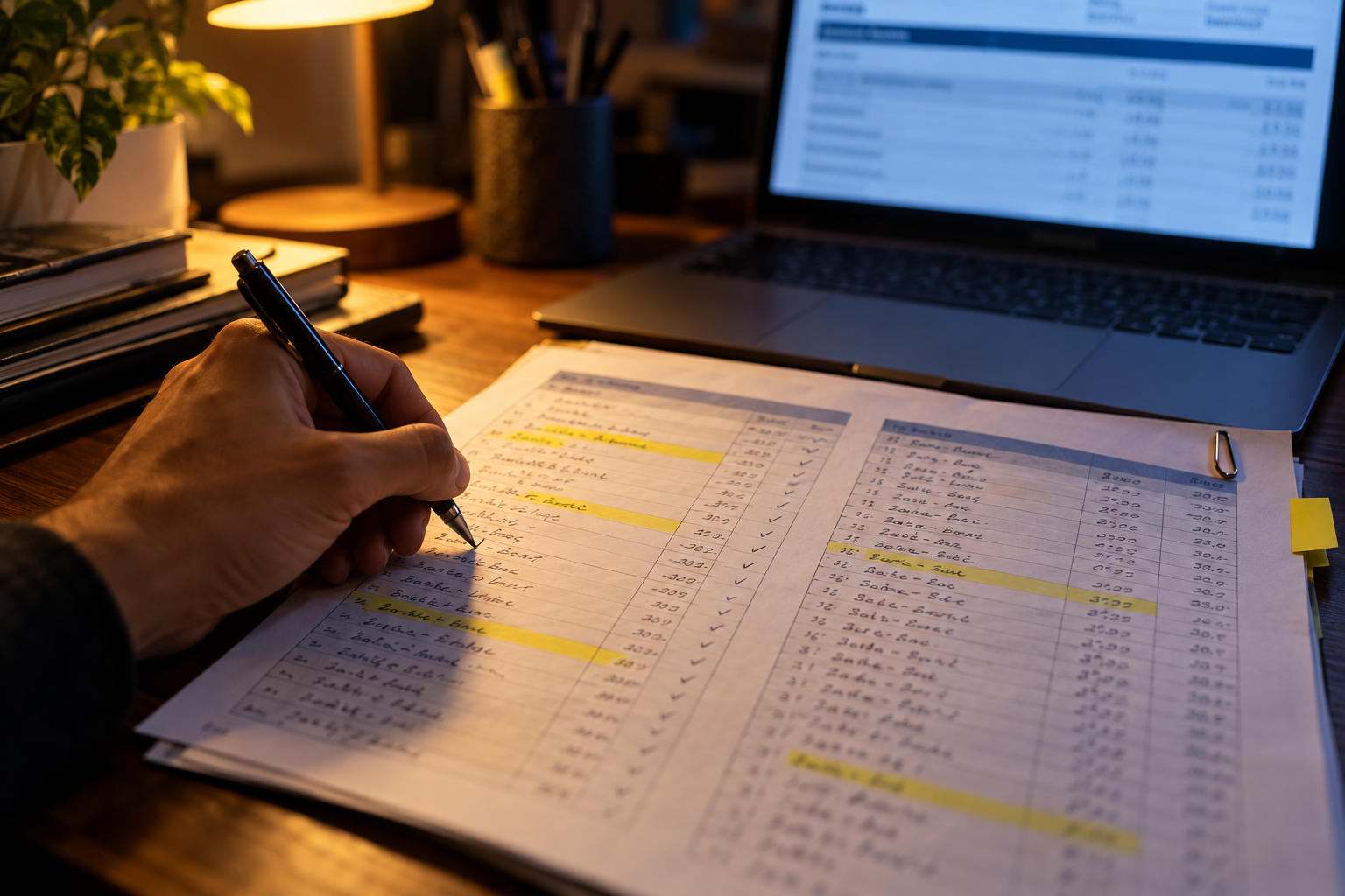 A hand ticking off reconciliation items on a handwritten ledger with a pen, a laptop showing a bank statement in the background, at a desk lit by a single lamp