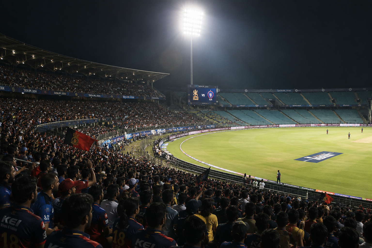 A packed floodlit cricket stadium at night, a match about to start on the scoreboard, one stand full and one stand still filling