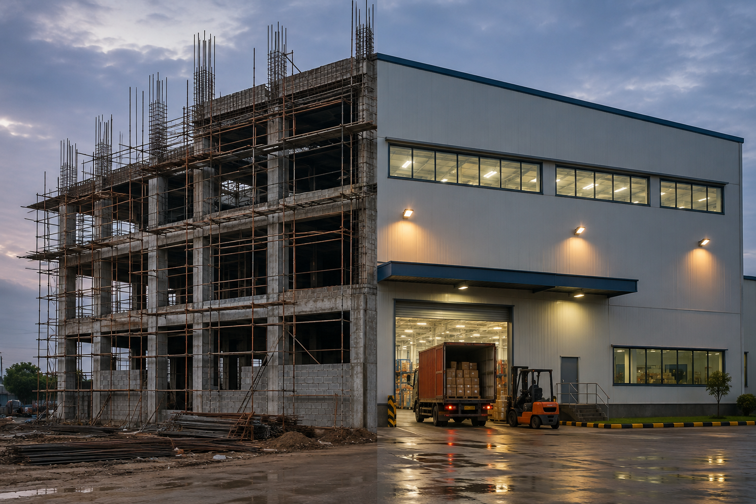 A building under construction, half still exposed scaffolding and rebar, half already an operating warehouse lit up at dusk with a truck being loaded by forklift