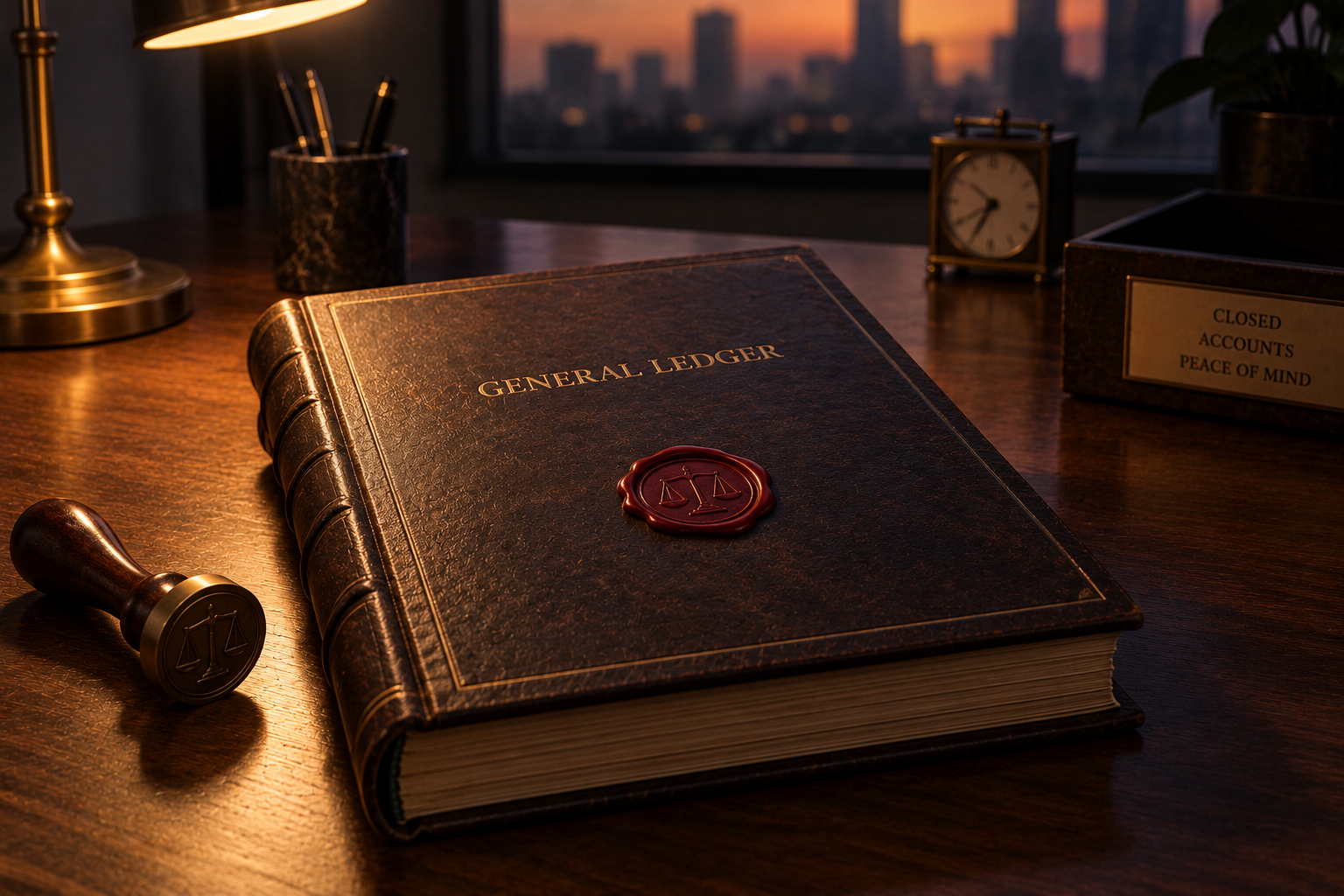 A bound General Ledger book sealed with a red wax stamp bearing scales of justice, resting on a desk beside a box labelled Closed Accounts, Peace of Mind