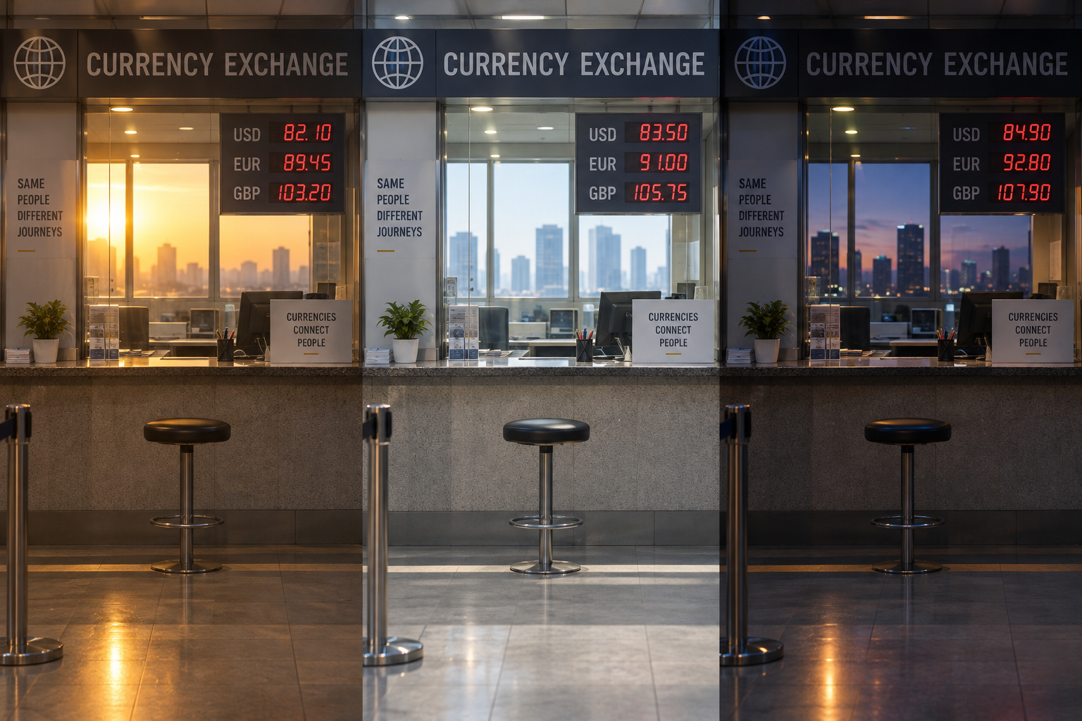 A triptych of three currency-exchange booths at sunrise, midday, and dusk, each showing different USD, EUR, and GBP rates on its display board