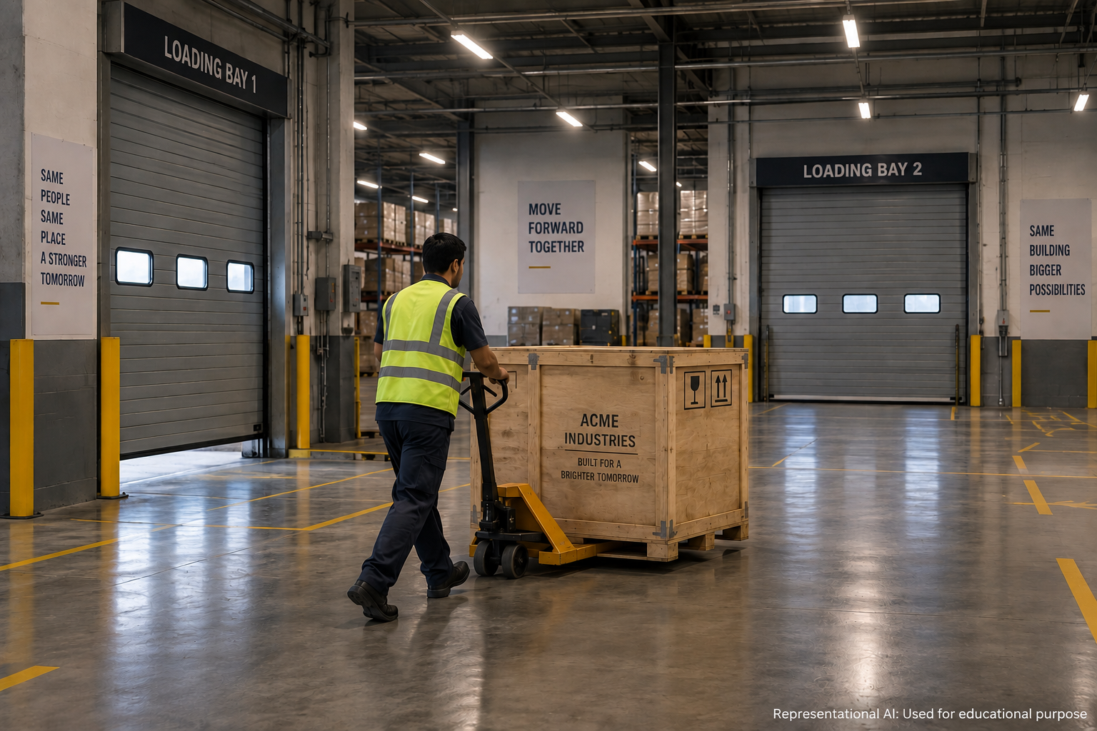 A warehouse worker moving a crate labelled ACME Industries between two loading bays, with signage reading Same Building, Bigger Possibilities and Move Forward Together