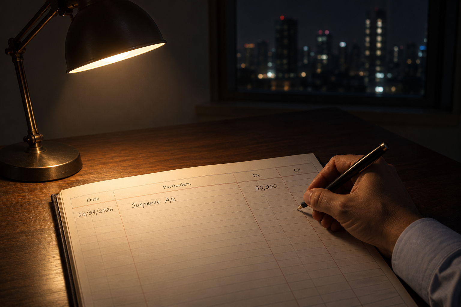 A hand writing an entry for a Suspense Account, ₹50,000, into a ledger alone at night under a desk lamp, a city skyline visible through the window