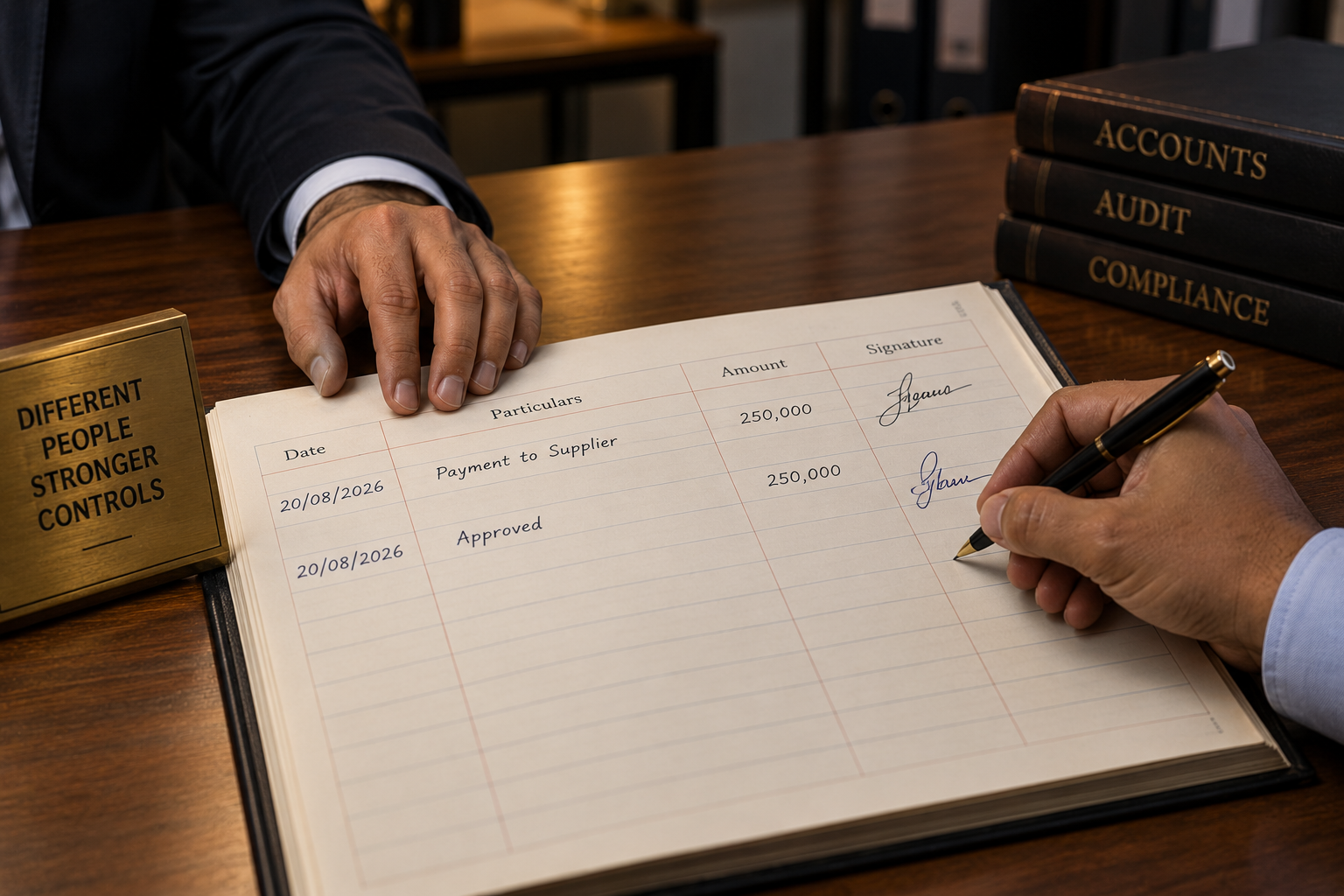Two hands over a ledger book, one preparing an entry for payment to a supplier, the other signing an approval, with books reading Accounts, Audit, and Compliance nearby