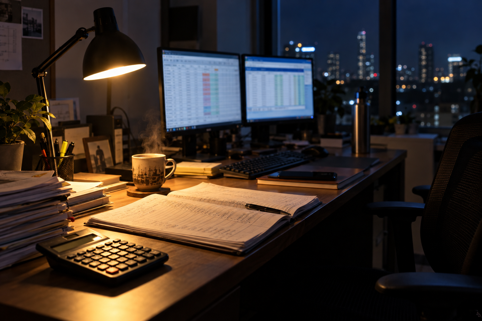 A finance analyst's desk at night, two monitors showing reconciliation spreadsheets, a handwritten ledger open beside a calculator and a steaming cup of tea, a city skyline through the window